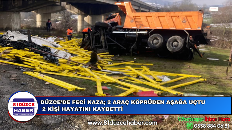 DÜZCE’DE FECİ KAZA; 2 ARAÇ KÖPRÜDEN AŞAĞA UÇTU 2 KİŞİ HAYATINI KAYBETTİ