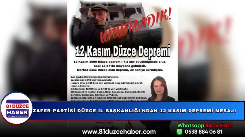 Zafer Partisi Düzce İl Başkanlığı'ndan 12 Kasım Depremi Mesajı