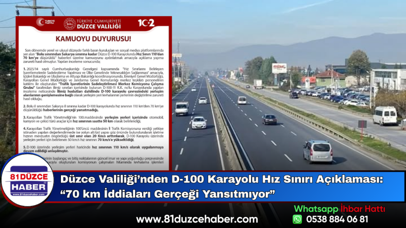 Düzce Valiliği’nden D-100 Karayolu Hız Sınırı Açıklaması: “70 km İddiaları Gerçeği Yansıtmıyor”