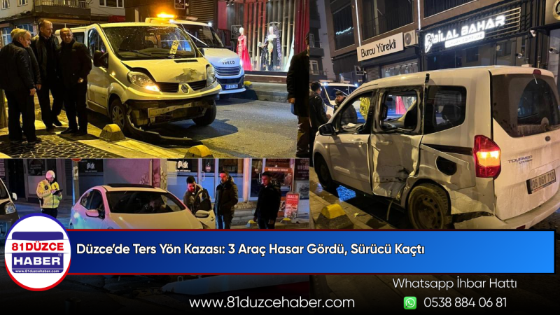 Düzce’de Ters Yön Kazası: 3 Araç Hasar Gördü, Sürücü Kaçtı